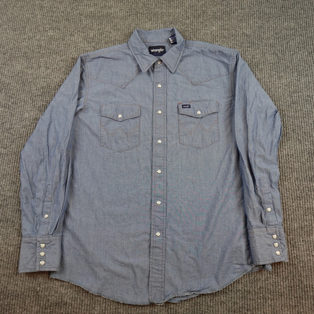 Wrangler Chambray Pearl Snap Shirt Mens Large Blue Solid Long Sleeve Western